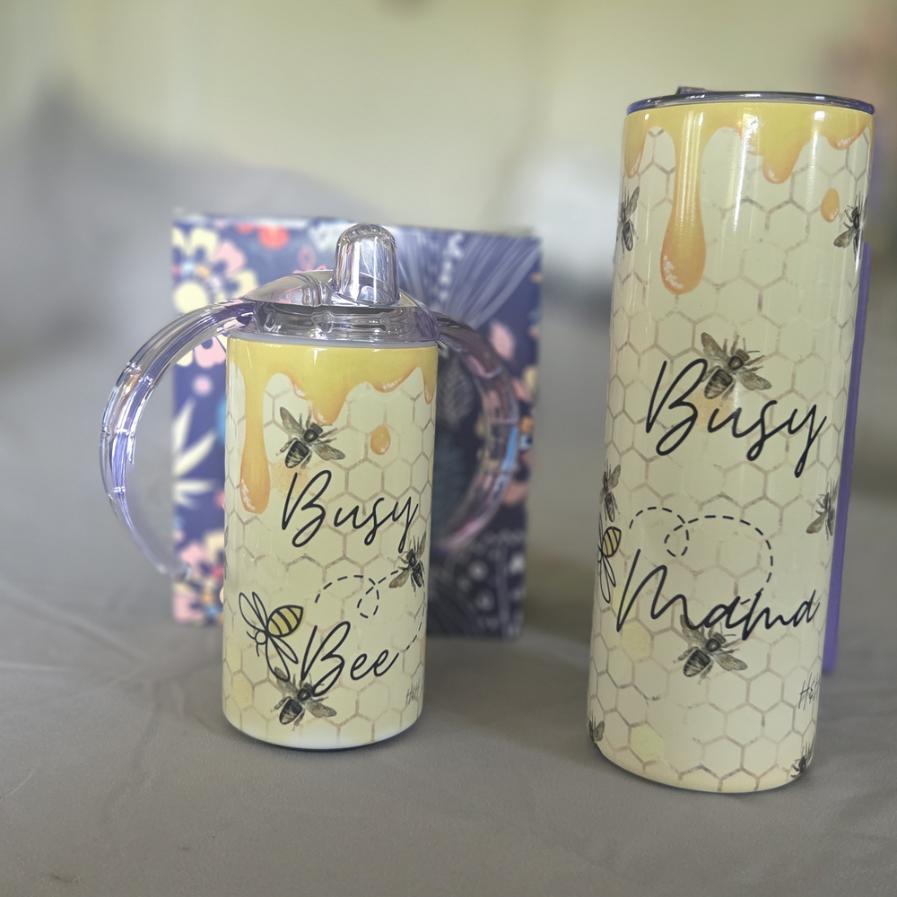 Busy Bee and Mama Tumbler Set - Yellow and Black Grow With Sippy Lid/straw Lid